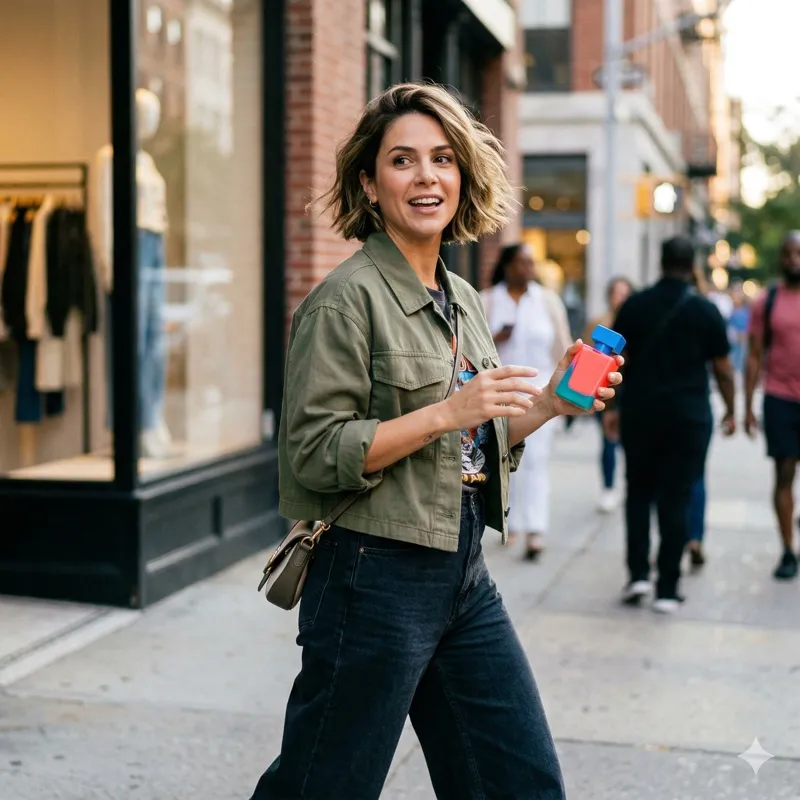 Camila Freire, repórter de tendências e lançamentos do Perfumidade, em street style na frente de uma vitrine segurando um frasco de perfume