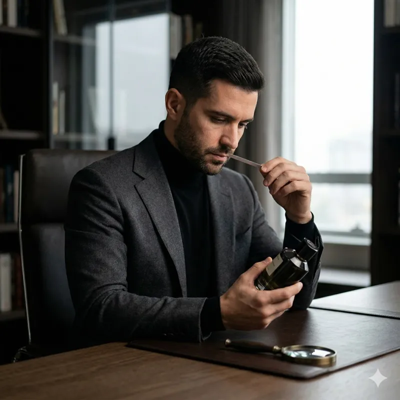 Daniel Nogueira, editor de importados e nicho do Perfumidade, em um escritório com biblioteca experimentando uma fragrância em blotter