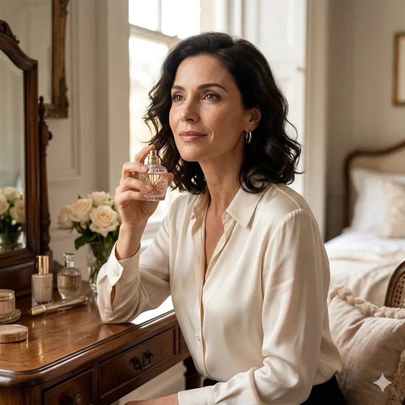 Helena Prado, editora de perfumes femininos do Perfumidade, em uma penteadeira clássica segurando um frasco de cristal