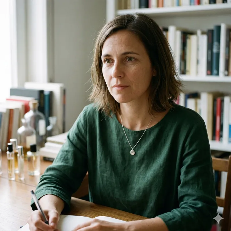 Marina Vasconcelos, editora de conteúdo educativo do Perfumidade, escrevendo em uma mesa com decants de perfume ao lado