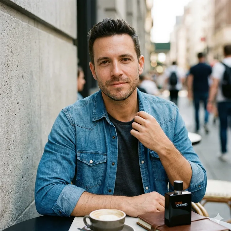 Rafael Tavares, editor de perfumes masculinos do Perfumidade, em um café ao lado de um frasco de Terre d Hermès